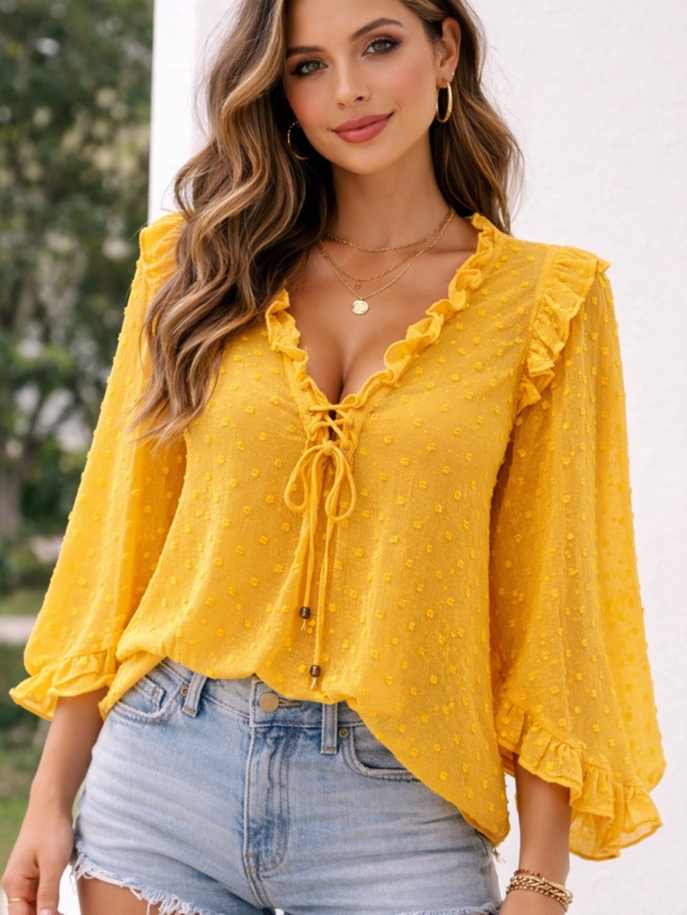 Anthropologie Haida Yellow Swiss Dot Ruffle Peasant Boho Blouse Size L